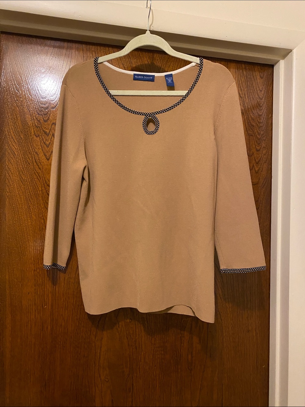 Karen Scott Camel Scoop Neck Long Sleeve Top with Contrast Trim
